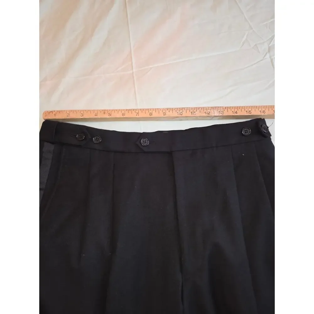 Vintage Y2K Mens Black Pleated Tuxedo Pants Satin Stripe Adjustable Waist 30x29